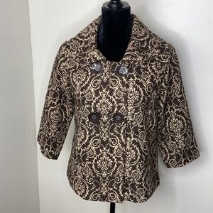Luii Brown & Cream Brocade Womens Coat With 3/4 Sleeves & Double-Breasted Small